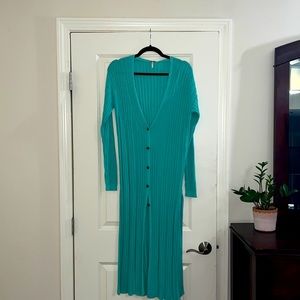 Free People aqua light button down, duster, size small